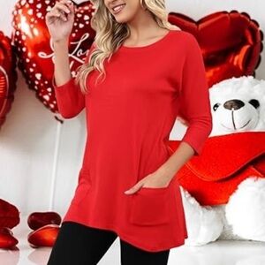 Elegant Red Women's Tunic with Pockets Size 1X